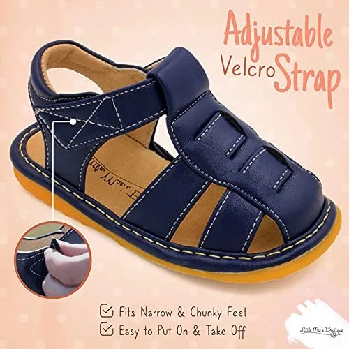 Little Mae's Boutique Closed Toe Squeaky Sandals for Toddler Boys, Ideal Toddler Walking Shoes with Removable Squeaker and Adjustable Velcro Strap - Flexible Sole Baby Shoes