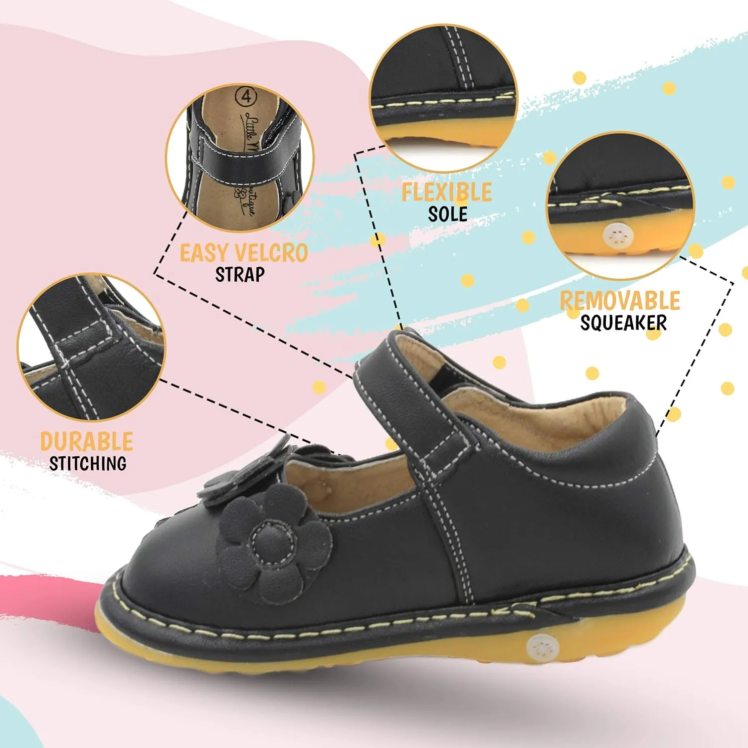 Little Mae's Boutique Mary Jane Squeaky Shoes for Toddler Girls, Ideal Walking Shoes with Removable Squeaker and Adjustable Strap - Soft Sole Shoes for Little Girls