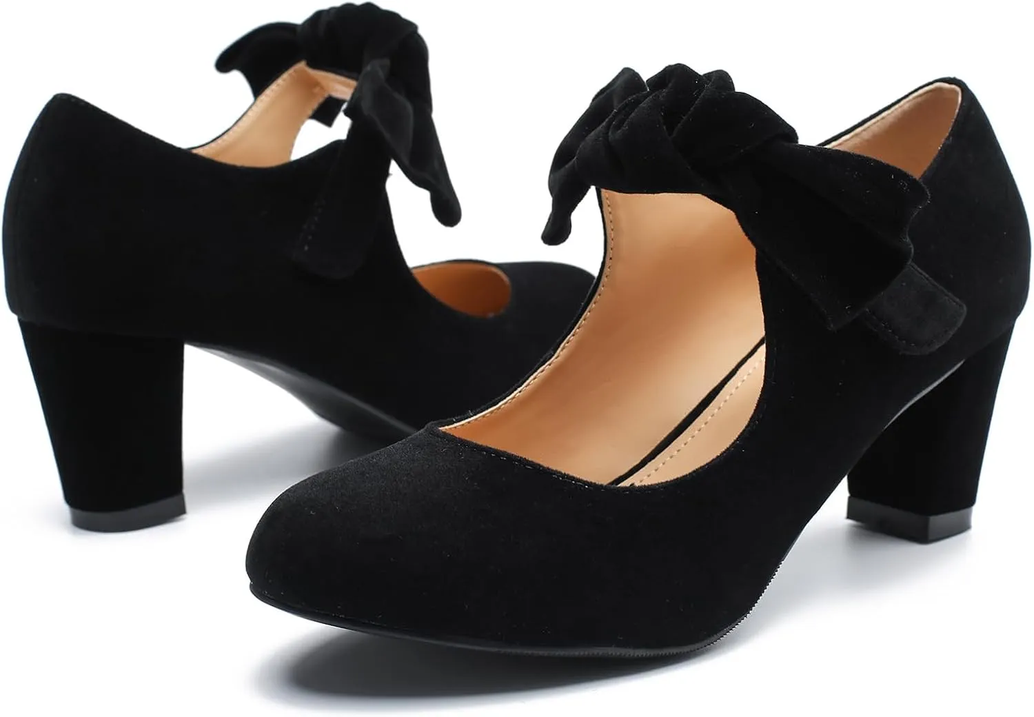 LIURUIJIA Women's Bow Mary Jane Low Block Heel Pumps Round Toe Ankle Strap Wedding Evening Party Dress Shoes
