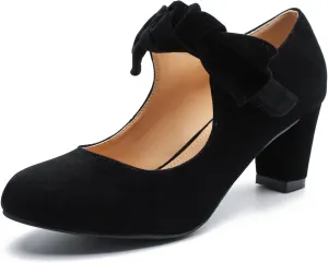LIURUIJIA Women's Bow Mary Jane Low Block Heel Pumps Round Toe Ankle Strap Wedding Evening Party Dress Shoes