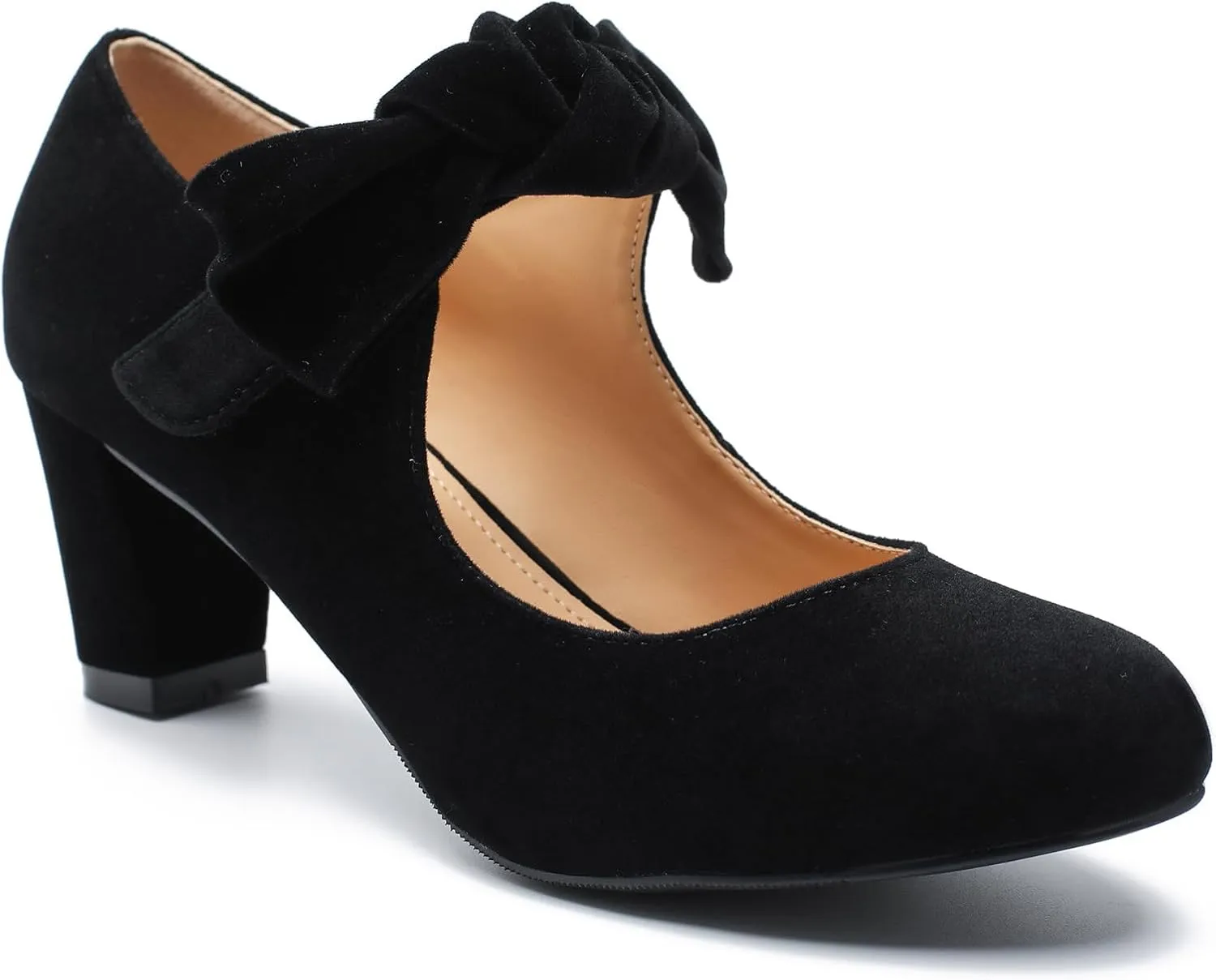 LIURUIJIA Women's Bow Mary Jane Low Block Heel Pumps Round Toe Ankle Strap Wedding Evening Party Dress Shoes
