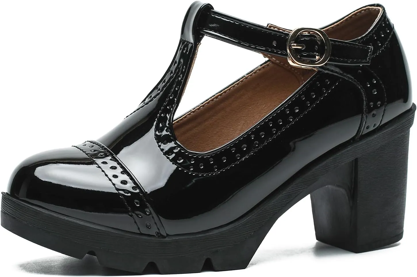 LIURUIJIA Women's Classic Leather T-Strap Mary Jane Heels Ankle Strap Platform Pumps Low Chunky Block Heels Comfortable Round Toe Oxfords Dress Work Shoes