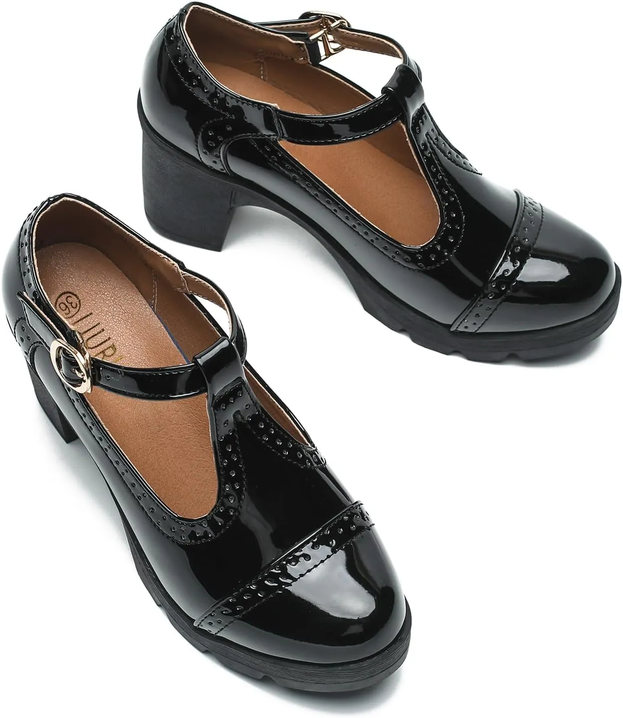 LIURUIJIA Women's Classic Leather T-Strap Mary Jane Heels Ankle Strap Platform Pumps Low Chunky Block Heels Comfortable Round Toe Oxfords Dress Work Shoes