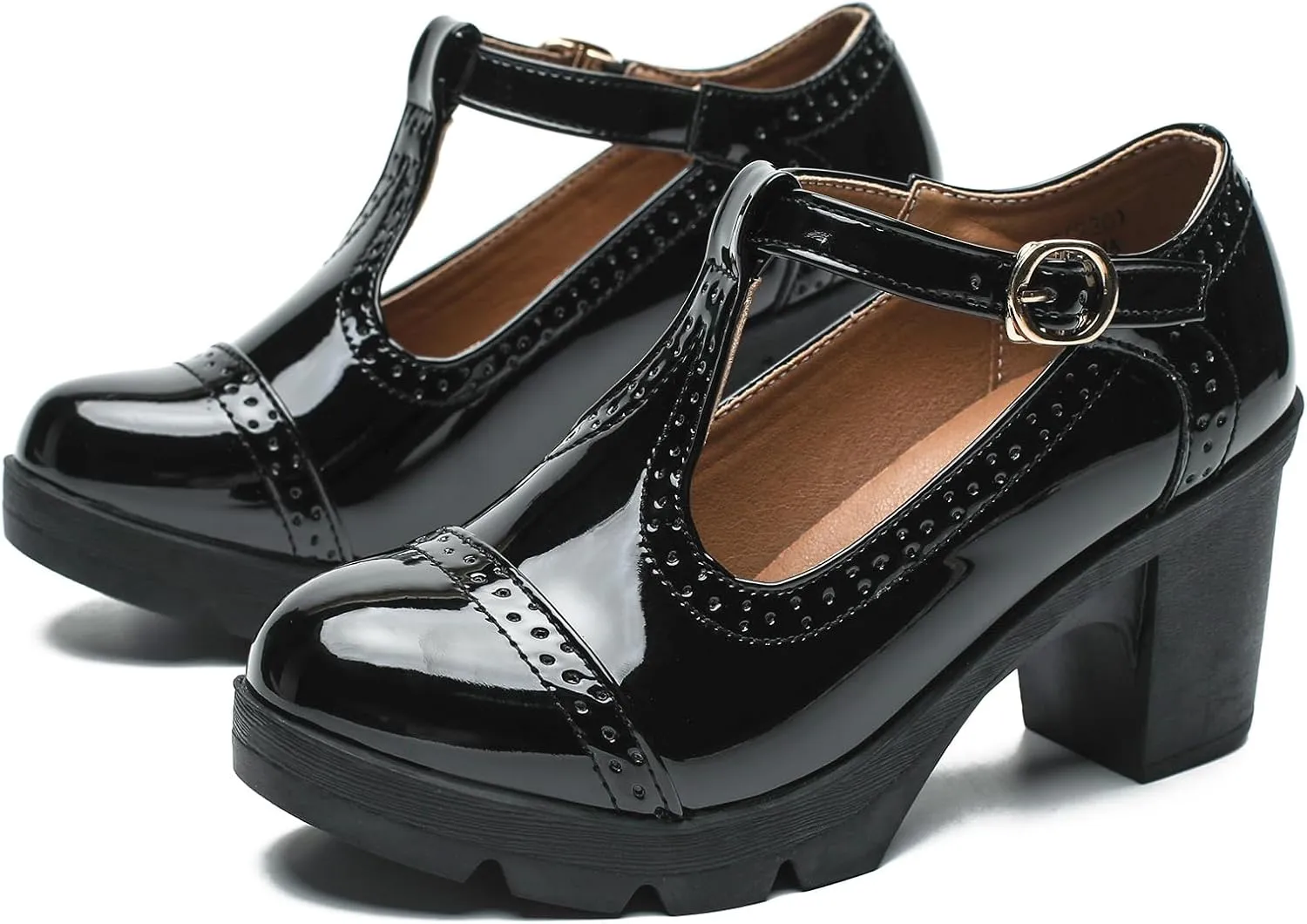LIURUIJIA Women's Classic Leather T-Strap Mary Jane Heels Ankle Strap Platform Pumps Low Chunky Block Heels Comfortable Round Toe Oxfords Dress Work Shoes