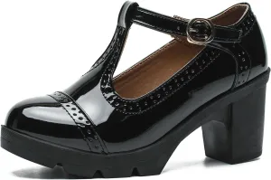 LIURUIJIA Women's Classic Leather T-Strap Mary Jane Heels Ankle Strap Platform Pumps Low Chunky Block Heels Comfortable Round Toe Oxfords Dress Work Shoes