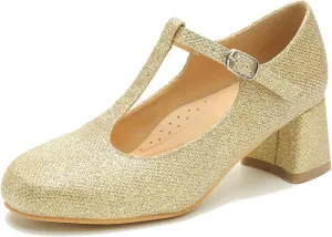 LIURUIJIA Women's T-Strap Low Chunky Heels Mary Jane Pumps Round Closed Toe Comfy Dress Shoes for Women