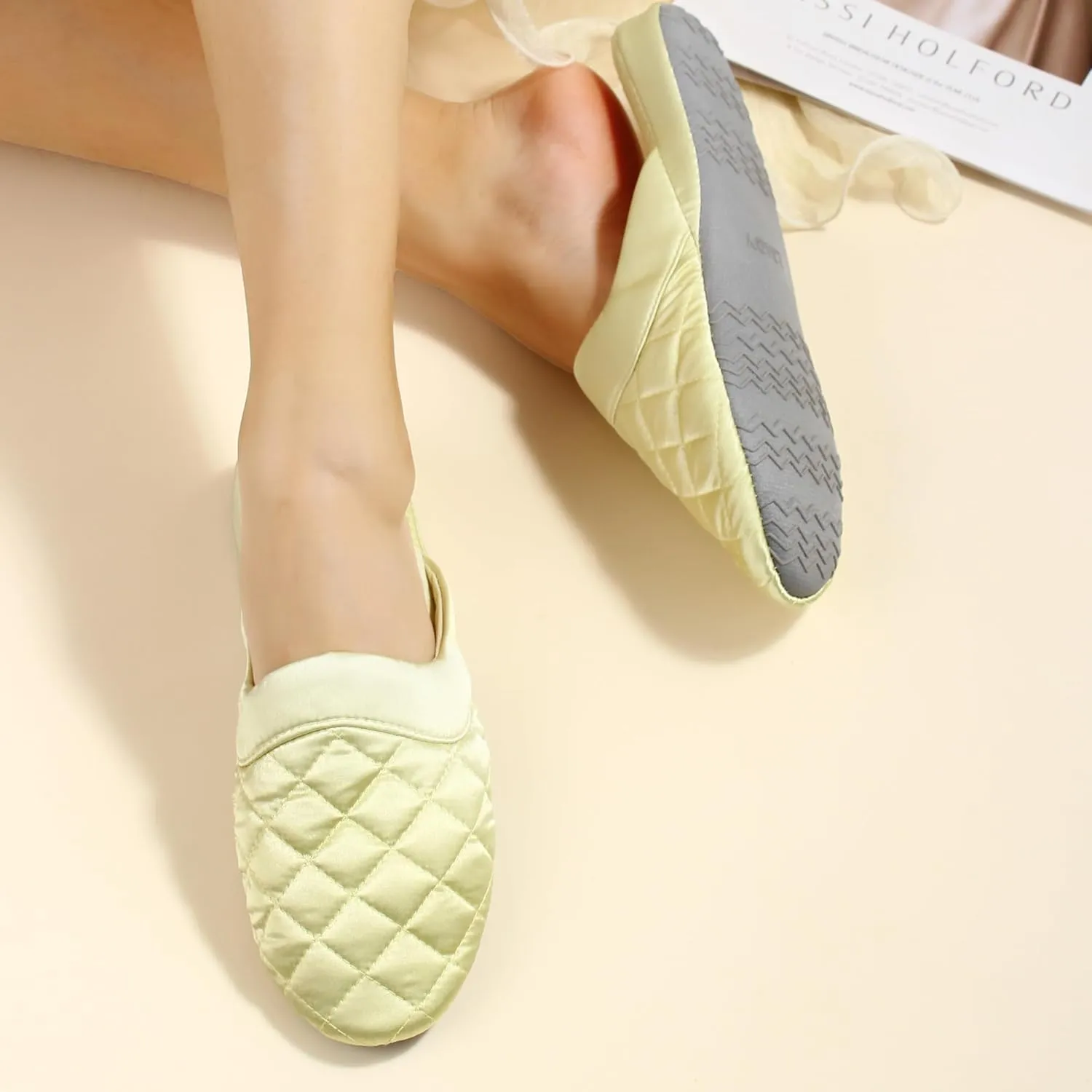 LMOY Elegant Satin Women's Slippers Indoor, Soft Cotton, Intricate Stitching, Lightweight Design, And Non-slip