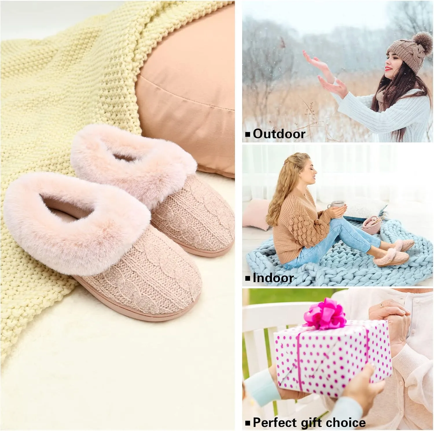 LORDFON Womens Winter House Slippers Memory Foam，Warm Closed Back Indoor Slippers For Women With Soft Faux Fur Plush Collar,Cozy Ladies Slip-on bedroom Home Slippers Non-Slip