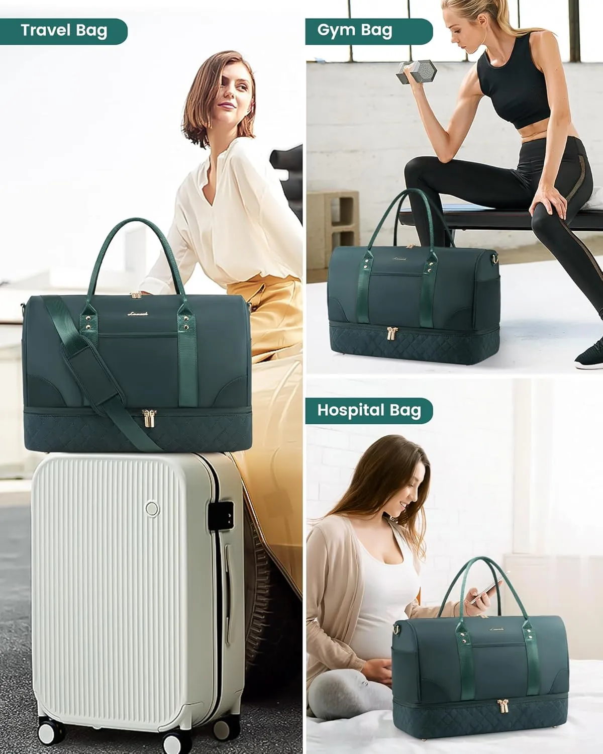 LOVEVOOK Travel Bag,Weekender Bag for Women Travel Duffle Bag with Shoe Compartment,Carry on Overnight Bag with Wet Pocket,Gym Yoga Duffel Bag,Hospital Bags for Labor and Delivery,3 Pcs Set