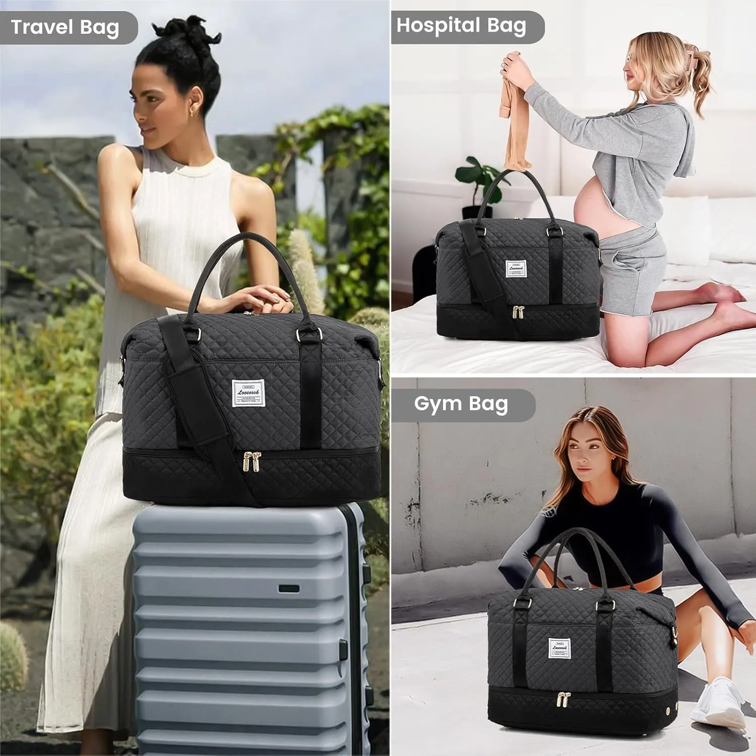 LOVEVOOK Travel Weekender Bag for Women, Large Carry on Overnight Bag with Shoe Compartment, Travel Duffle Bag Women, Yoga Gym Duffel Bag with Wet Pocket,Hospital Bags for Labor and Delivery,3 Pcs Set