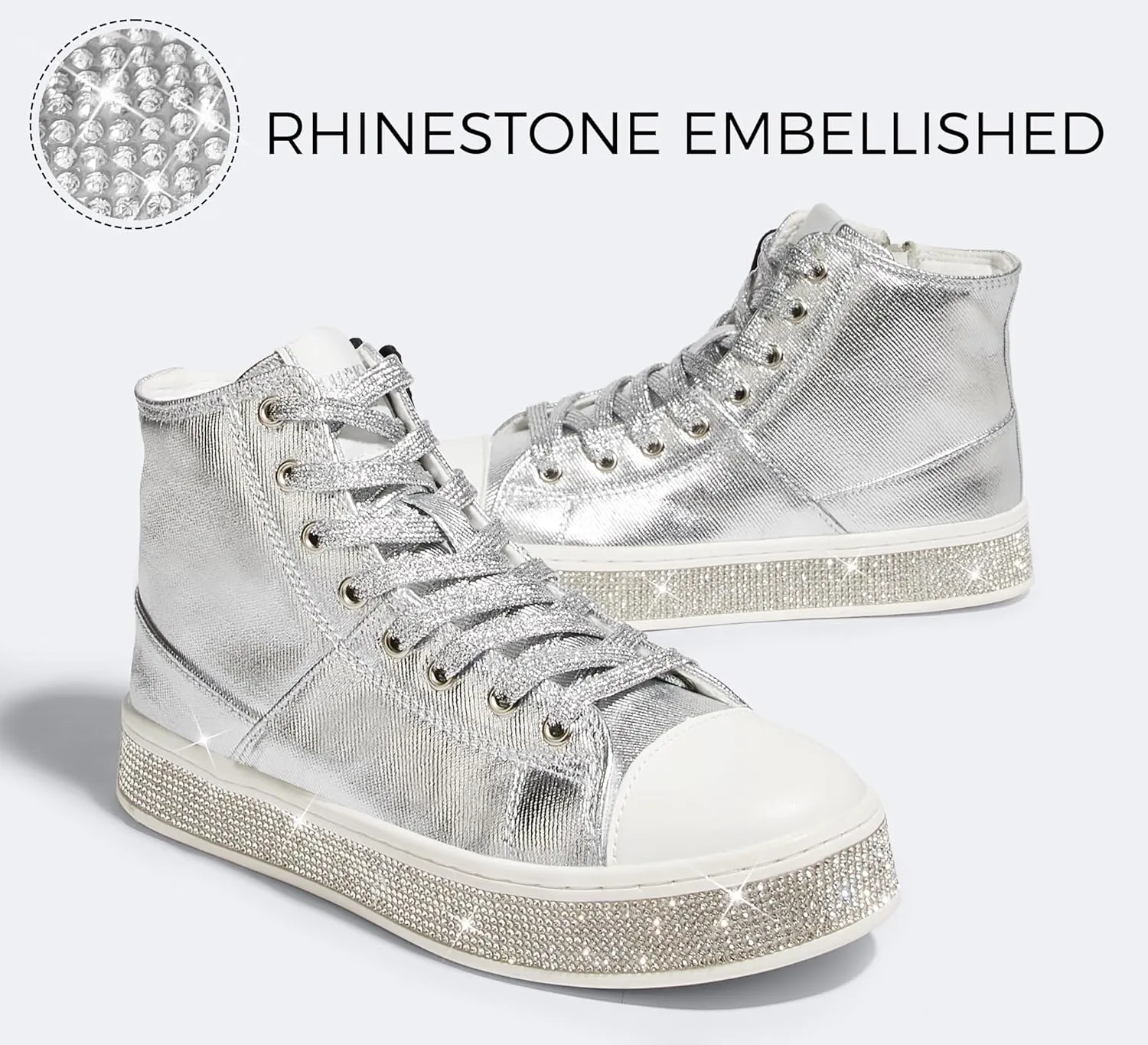 LUCKY STEP Women's High Top Canvas Sneakers Rhinestone Side Zipper Shoes Fashion Sneaker Casual Platform Ankle Boots Walking Canvas Shoes