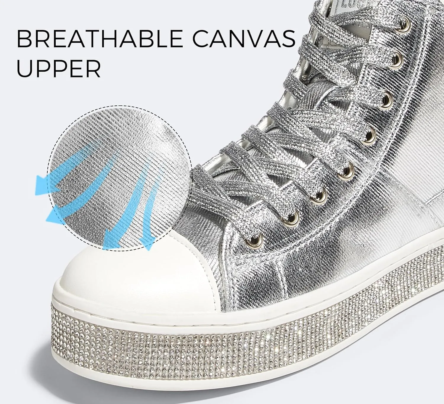 LUCKY STEP Women's High Top Canvas Sneakers Rhinestone Side Zipper Shoes Fashion Sneaker Casual Platform Ankle Boots Walking Canvas Shoes