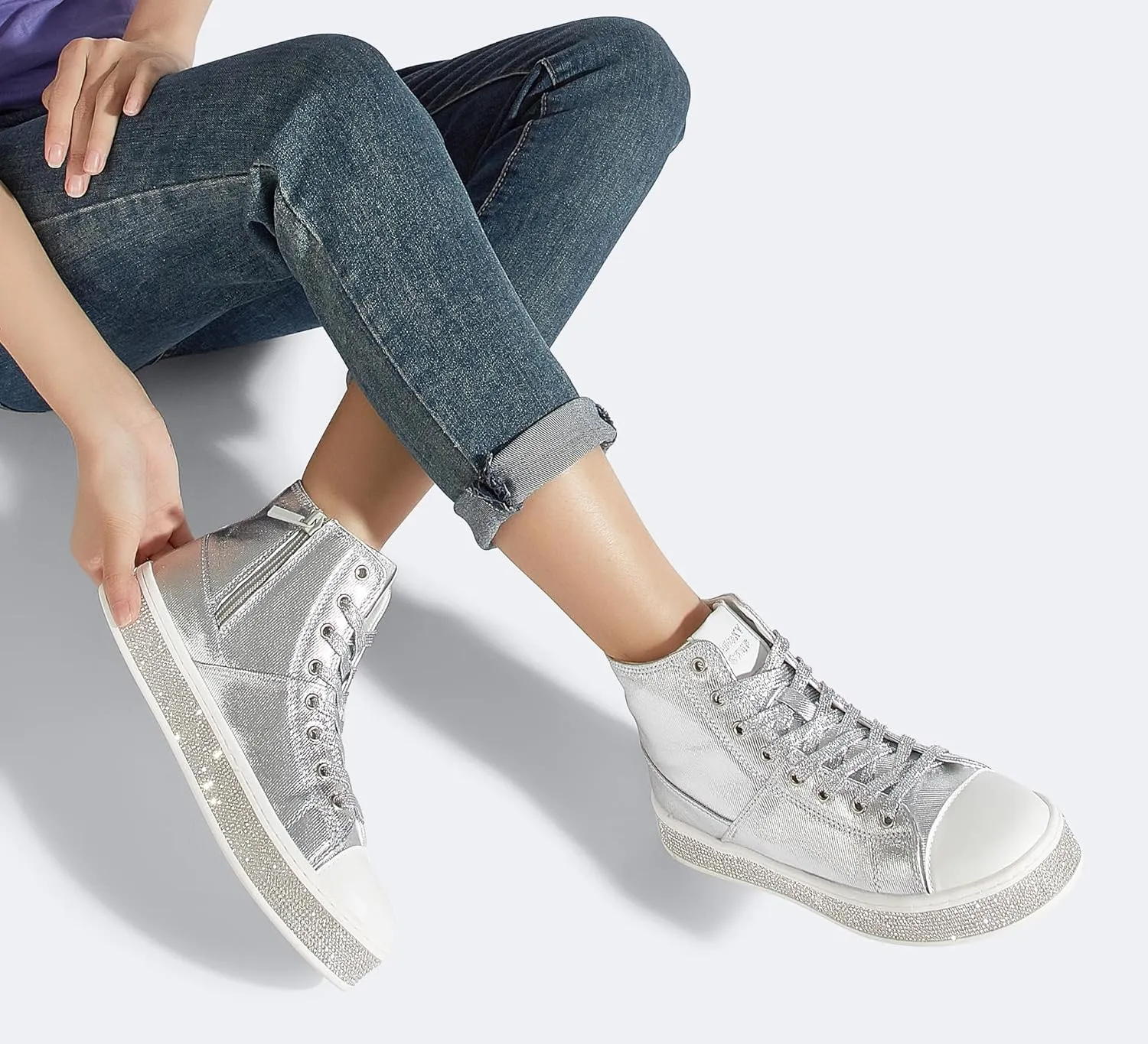 LUCKY STEP Women's High Top Canvas Sneakers Rhinestone Side Zipper Shoes Fashion Sneaker Casual Platform Ankle Boots Walking Canvas Shoes