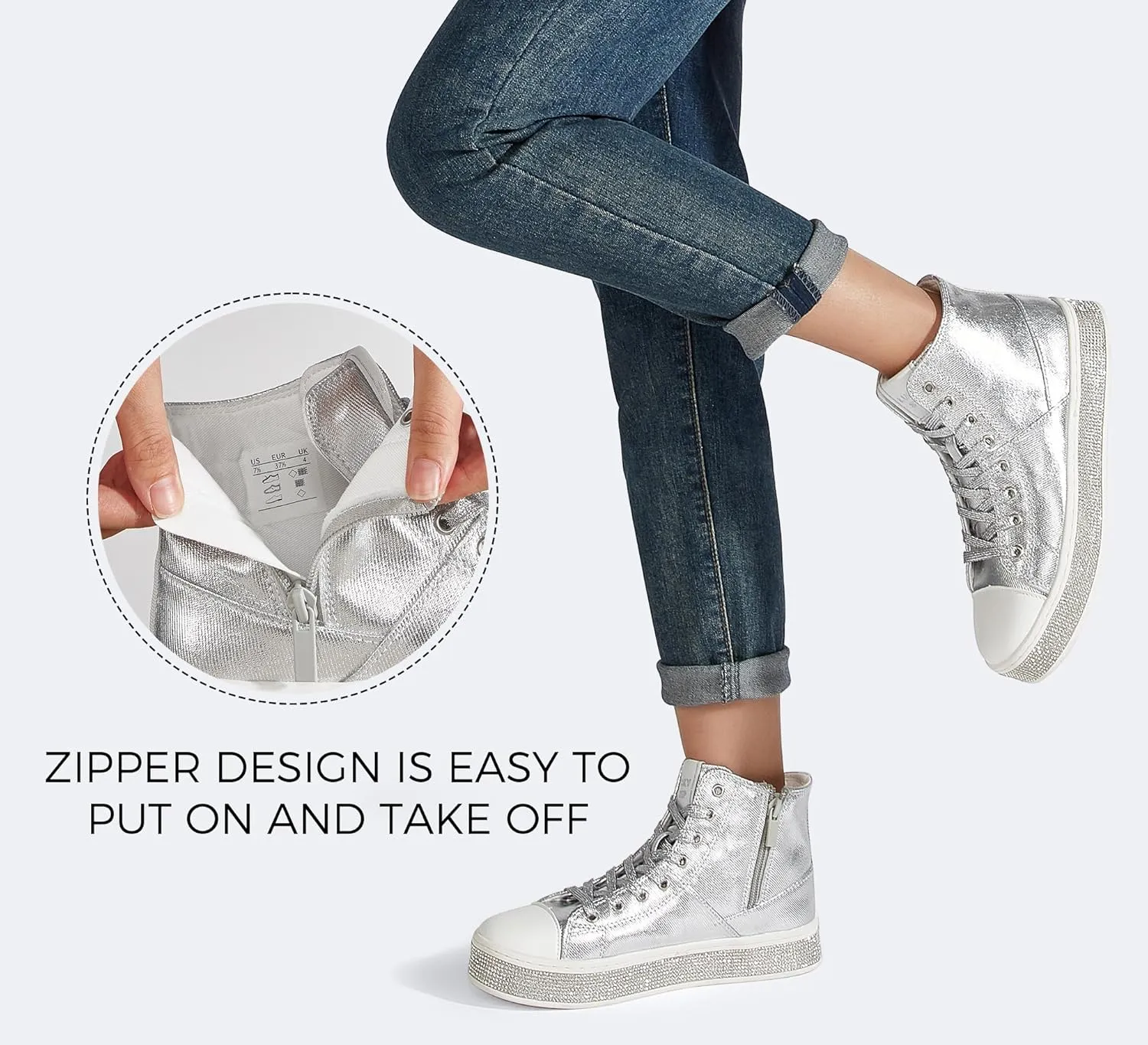 LUCKY STEP Women's High Top Canvas Sneakers Rhinestone Side Zipper Shoes Fashion Sneaker Casual Platform Ankle Boots Walking Canvas Shoes