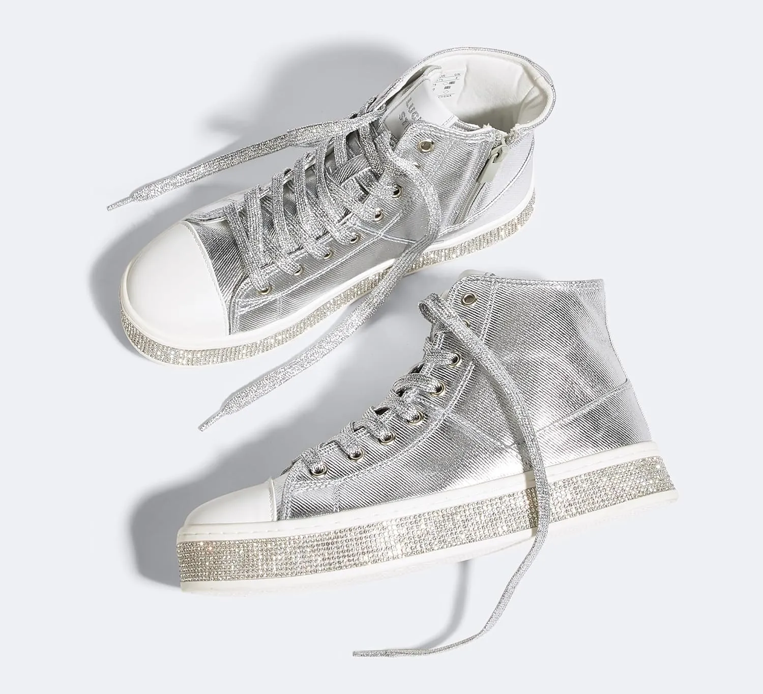 LUCKY STEP Women's High Top Canvas Sneakers Rhinestone Side Zipper Shoes Fashion Sneaker Casual Platform Ankle Boots Walking Canvas Shoes