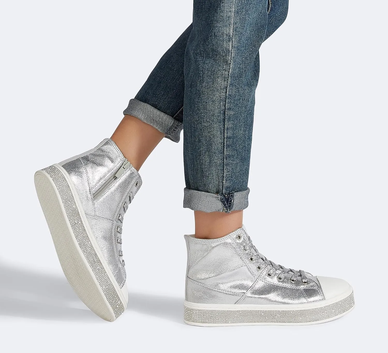 LUCKY STEP Women's High Top Canvas Sneakers Rhinestone Side Zipper Shoes Fashion Sneaker Casual Platform Ankle Boots Walking Canvas Shoes