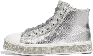 LUCKY STEP Women's High Top Canvas Sneakers Rhinestone Side Zipper Shoes Fashion Sneaker Casual Platform Ankle Boots Walking Canvas Shoes