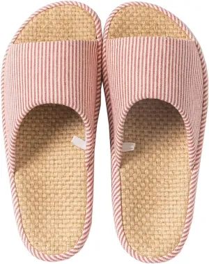 MAGILONA Womens House Slippers Summer Open Toe Tatami Straw Men's Indoor Shoes,Bedroom Linen Lightweight Slip Silent Slippers