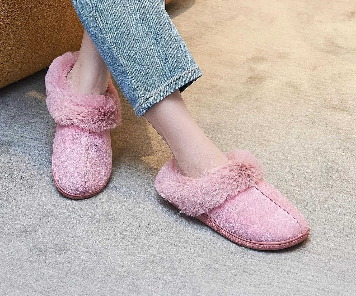 Memory Foam Home Slippers for Women, Fluffy Fuzzy Plush Womens House Shoes for Indoor Outdoor Bedroom, Cute Comfy Microsuede Scuff for Ladies