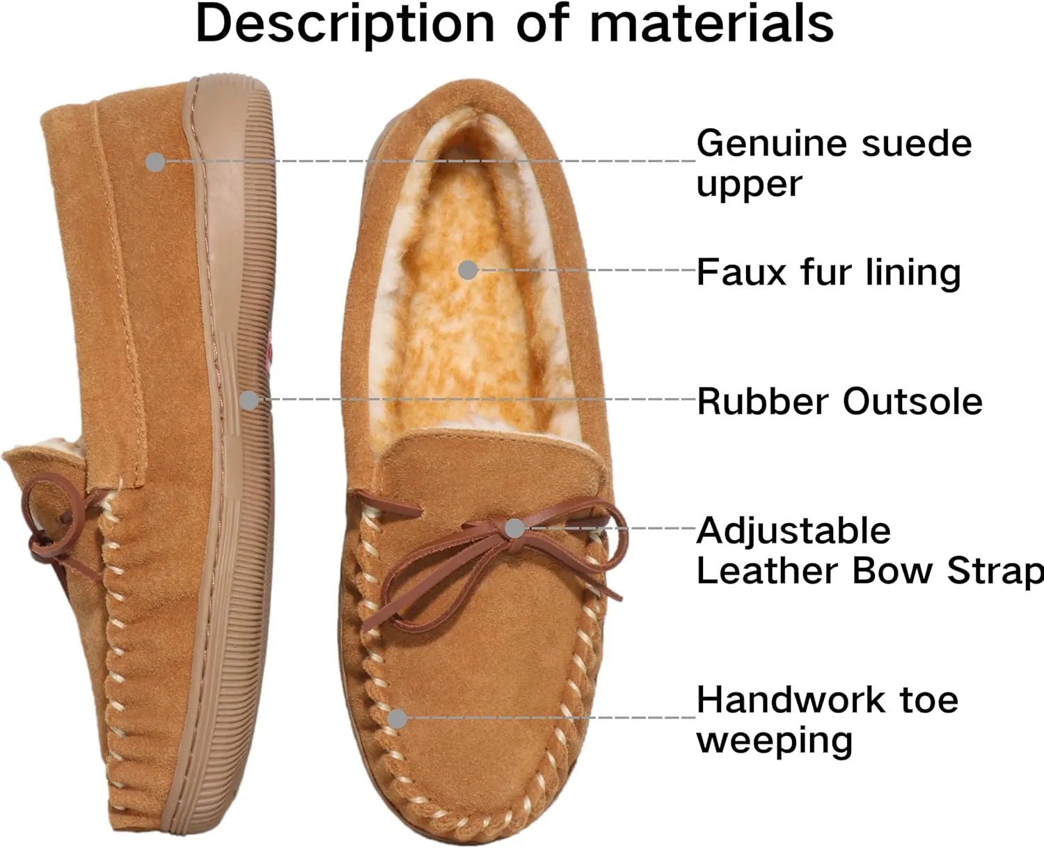 Men Moccasins Slipper Genuine Suede Upper Faux Fur Lining Memory Foam Rubber Soles Indoor Outdoor House Slipper