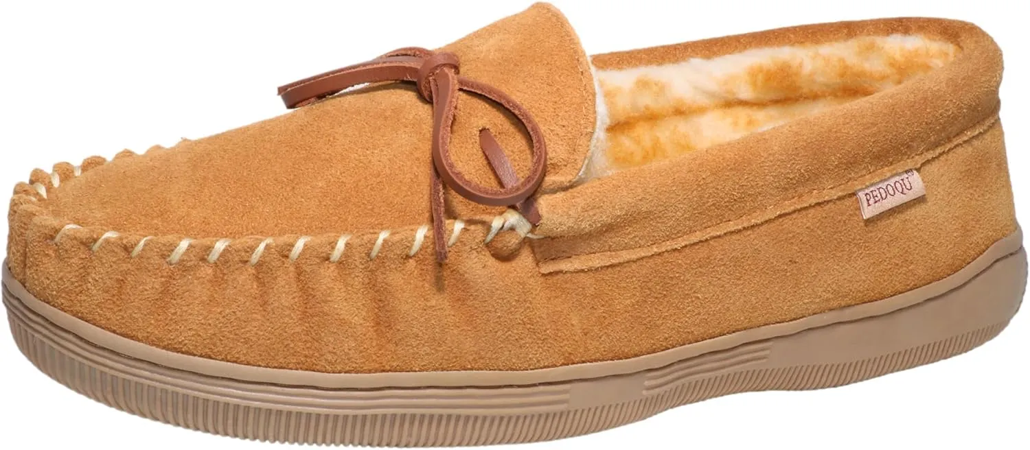 Men Moccasins Slipper Genuine Suede Upper Faux Fur Lining Memory Foam Rubber Soles Indoor Outdoor House Slipper
