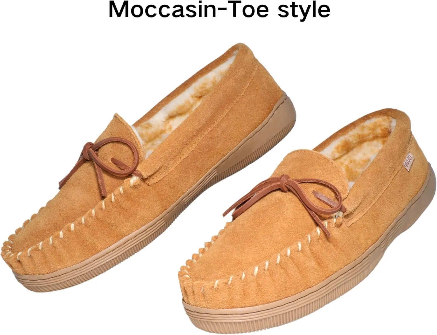Men Moccasins Slipper Genuine Suede Upper Faux Fur Lining Memory Foam Rubber Soles Indoor Outdoor House Slipper