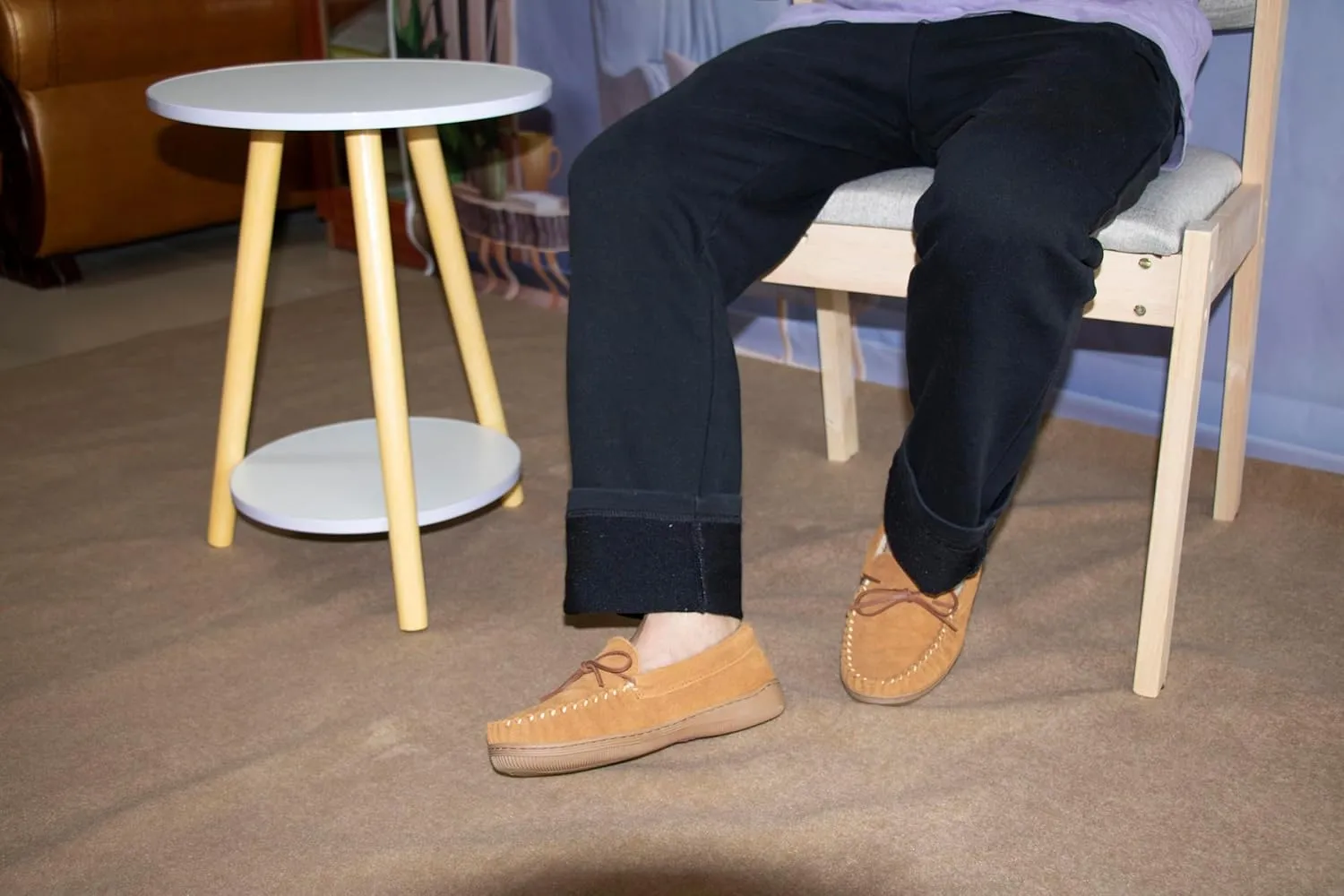 Men Moccasins Slipper Genuine Suede Upper Faux Fur Lining Memory Foam Rubber Soles Indoor Outdoor House Slipper