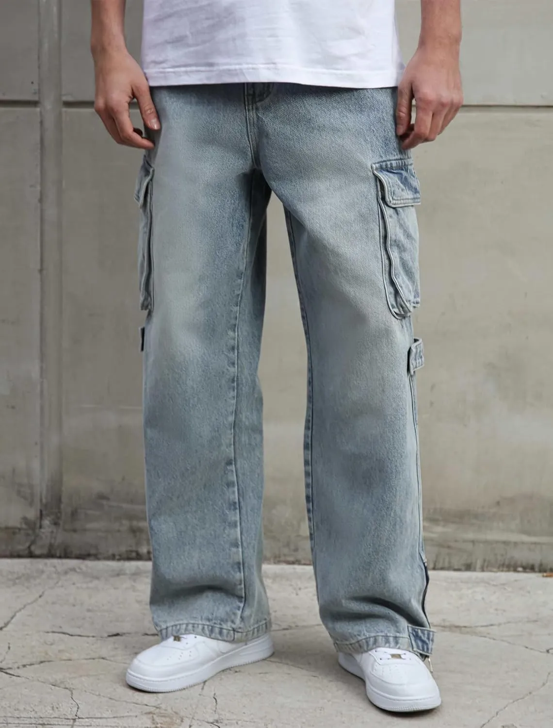 Mens Baggy Cargo Jeans Wide Leg Hip Hop Jeans Streetwear Loose Fit Denim Pants