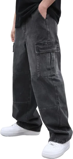 Mens Baggy Cargo Jeans Wide Leg Hip Hop Jeans Streetwear Loose Fit Denim Pants