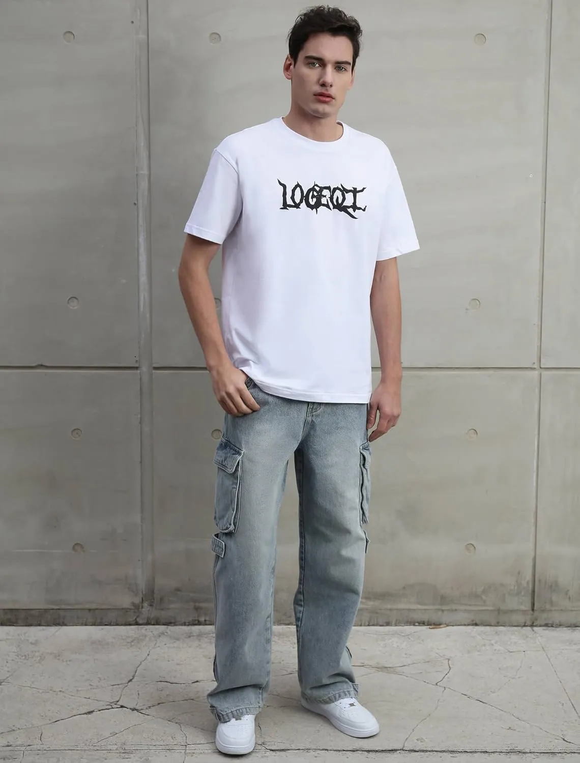 Mens Baggy Cargo Jeans Wide Leg Hip Hop Jeans Streetwear Loose Fit Denim Pants