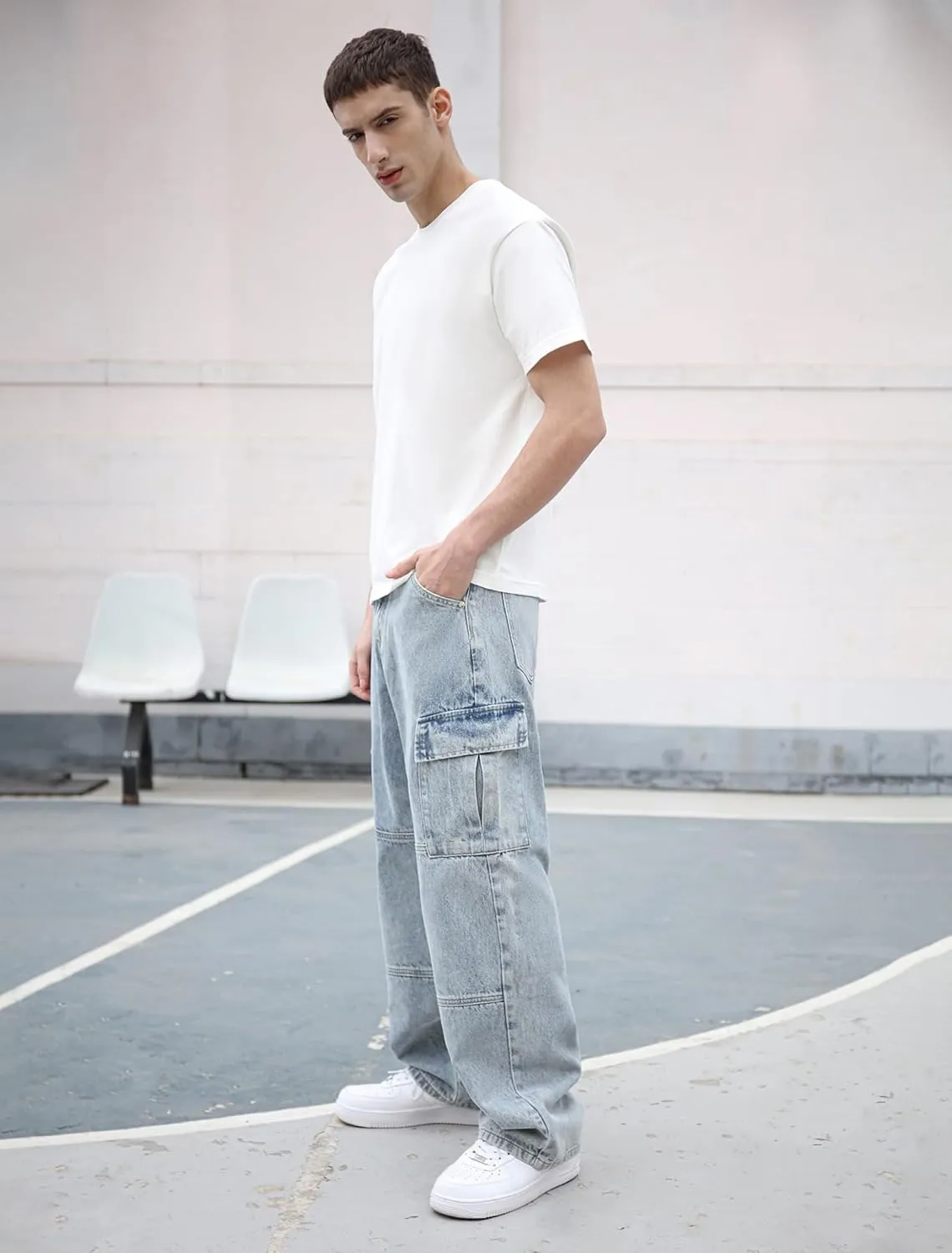 Mens Baggy Cargo Jeans Wide Leg Hip Hop Jeans Streetwear Loose Fit Denim Pants