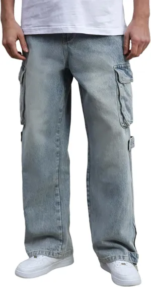 Mens Baggy Cargo Jeans Wide Leg Hip Hop Jeans Streetwear Loose Fit Denim Pants