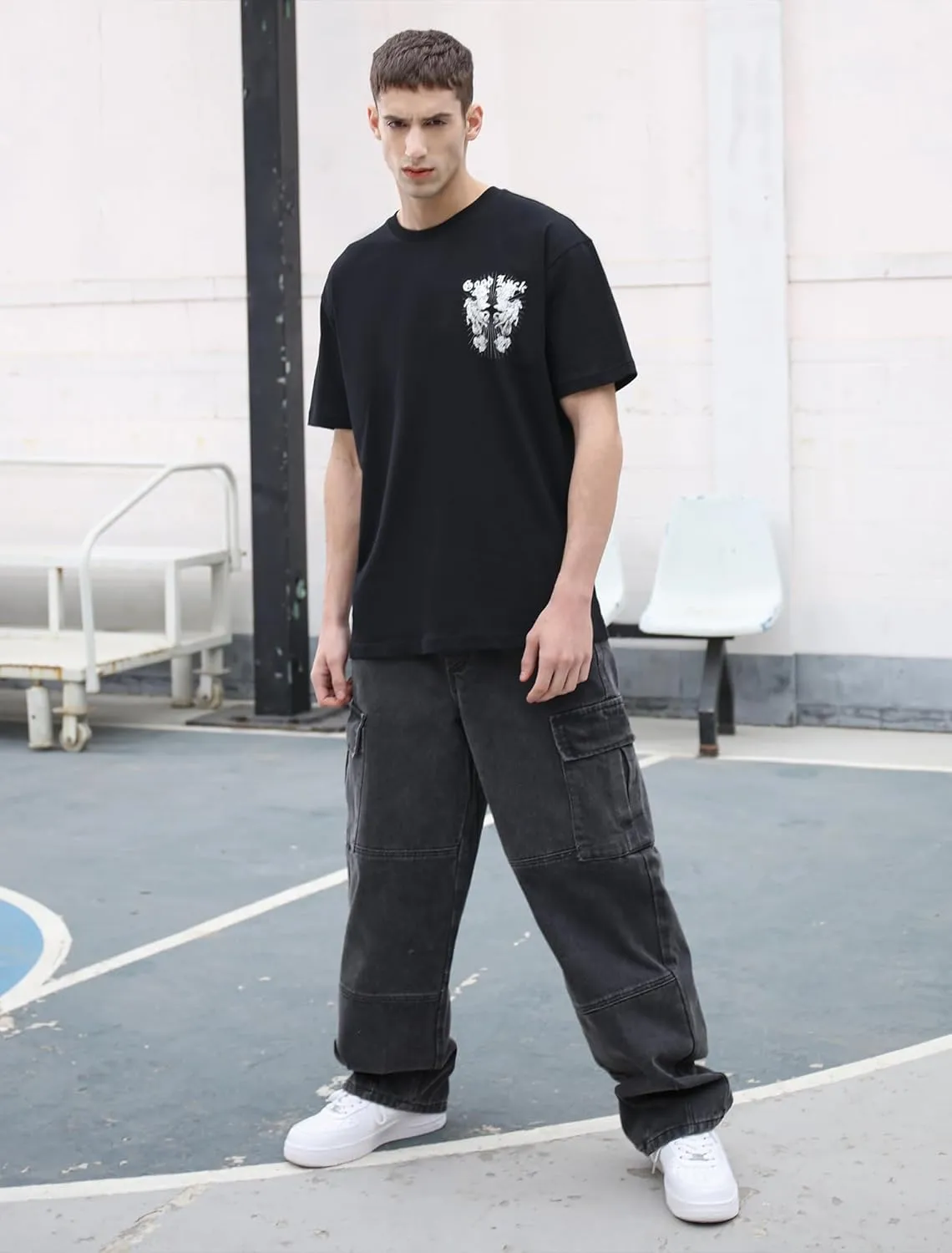Mens Baggy Cargo Jeans Wide Leg Hip Hop Jeans Streetwear Loose Fit Denim Pants