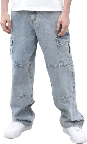 Mens Baggy Cargo Jeans Wide Leg Hip Hop Jeans Streetwear Loose Fit Denim Pants