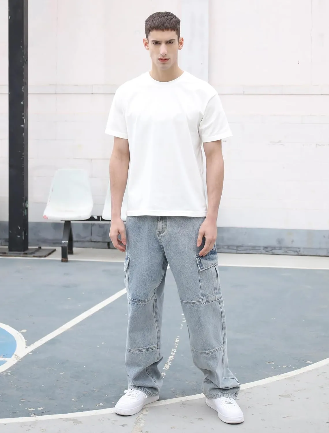 Mens Baggy Cargo Jeans Wide Leg Hip Hop Jeans Streetwear Loose Fit Denim Pants