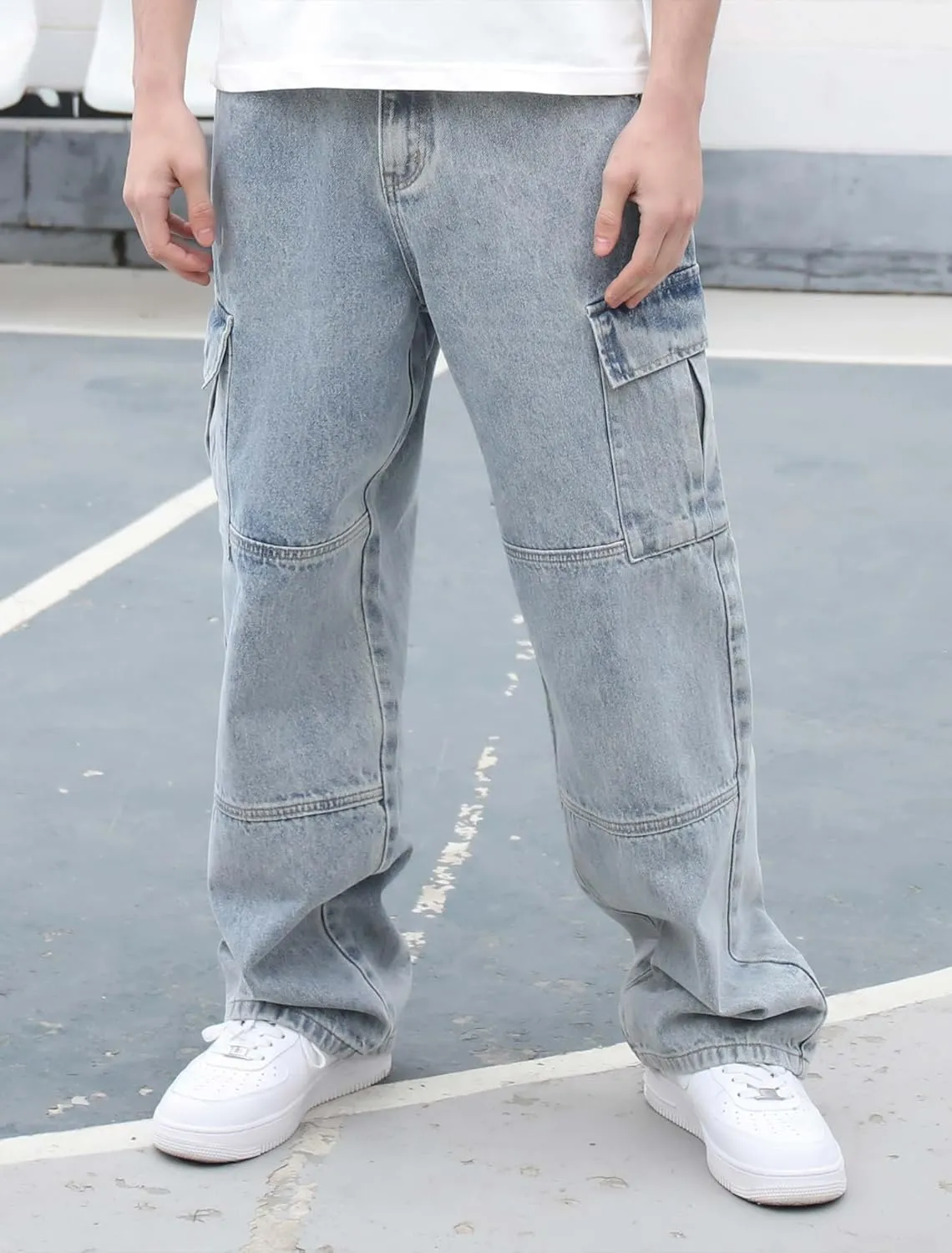 Mens Baggy Cargo Jeans Wide Leg Hip Hop Jeans Streetwear Loose Fit Denim Pants
