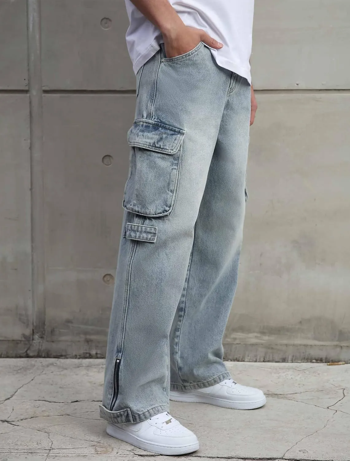 Mens Baggy Cargo Jeans Wide Leg Hip Hop Jeans Streetwear Loose Fit Denim Pants