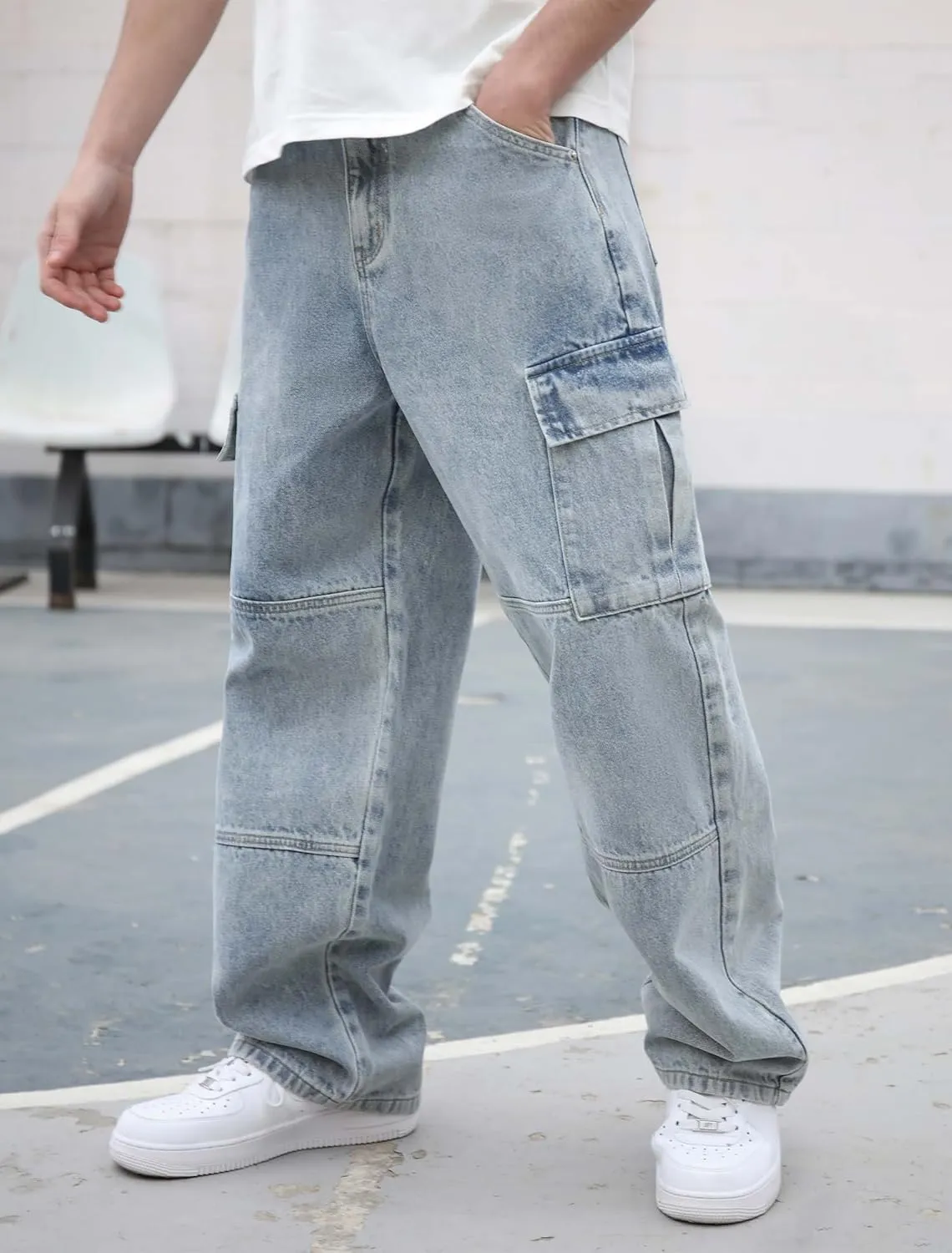 Mens Baggy Cargo Jeans Wide Leg Hip Hop Jeans Streetwear Loose Fit Denim Pants