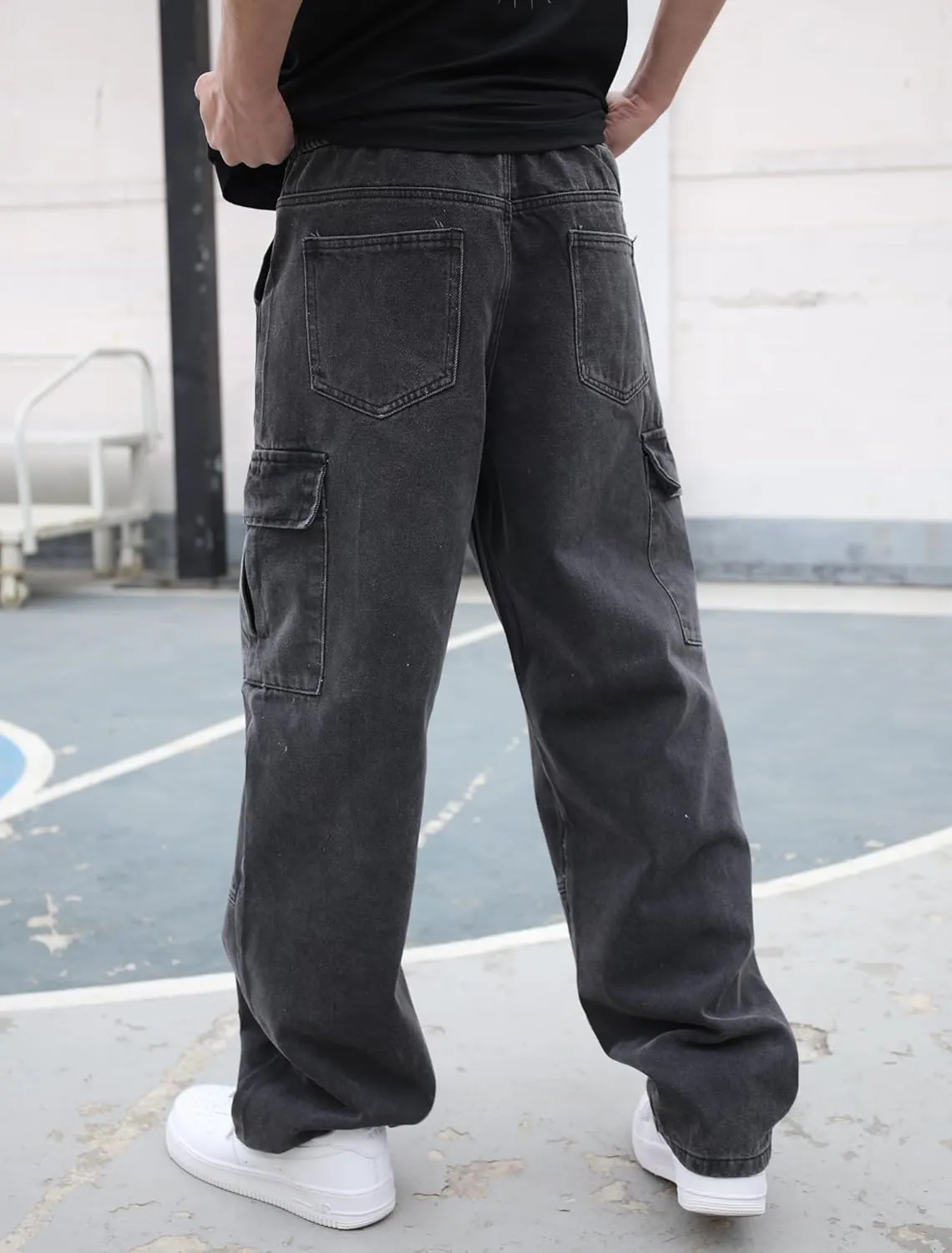 Mens Baggy Cargo Jeans Wide Leg Hip Hop Jeans Streetwear Loose Fit Denim Pants