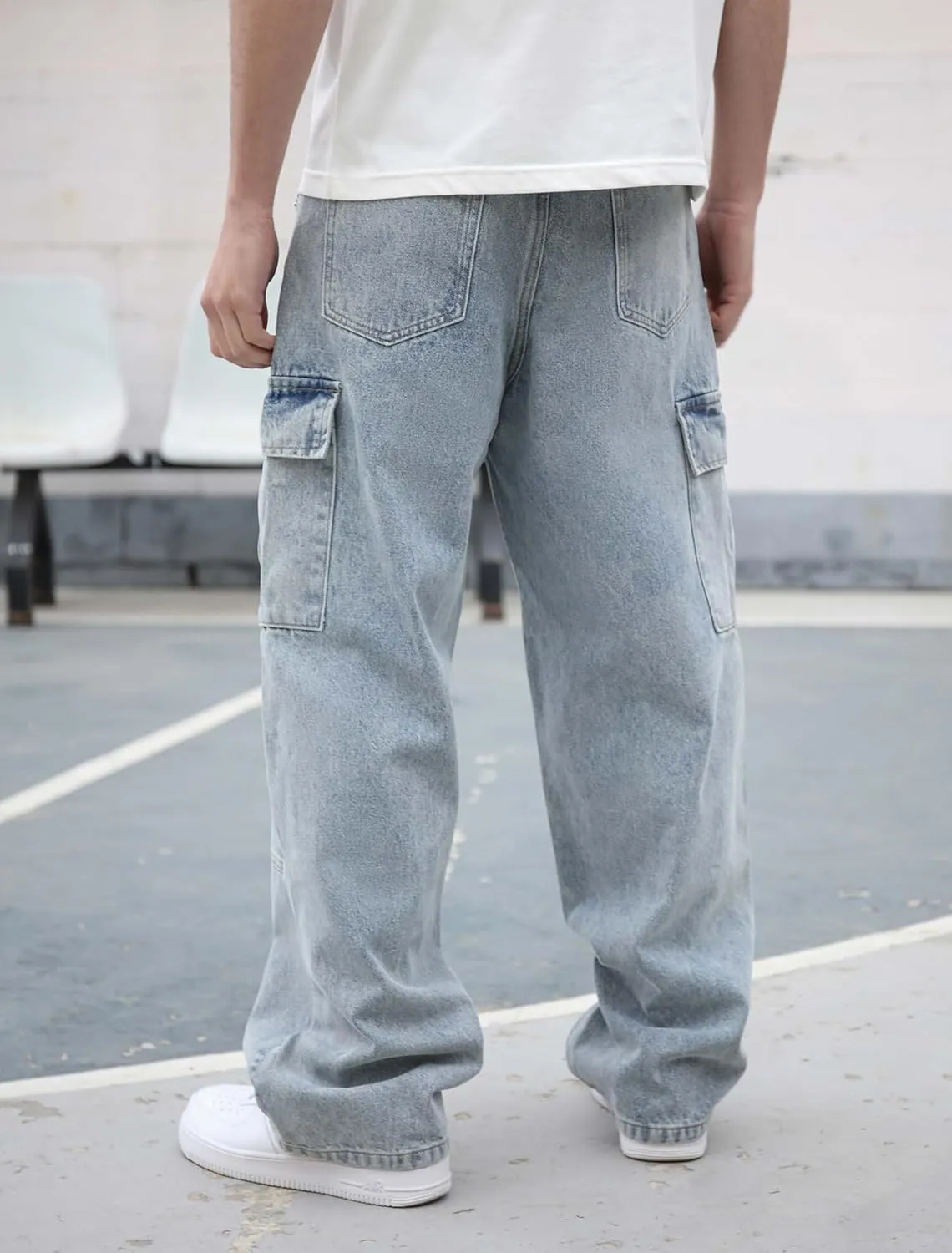 Mens Baggy Cargo Jeans Wide Leg Hip Hop Jeans Streetwear Loose Fit Denim Pants