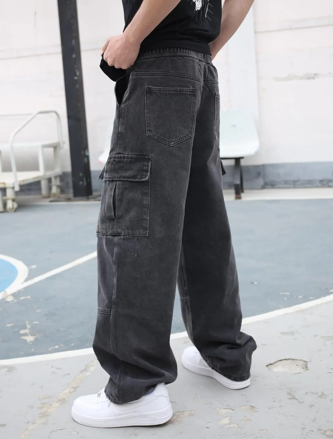 Mens Baggy Cargo Jeans Wide Leg Hip Hop Jeans Streetwear Loose Fit Denim Pants