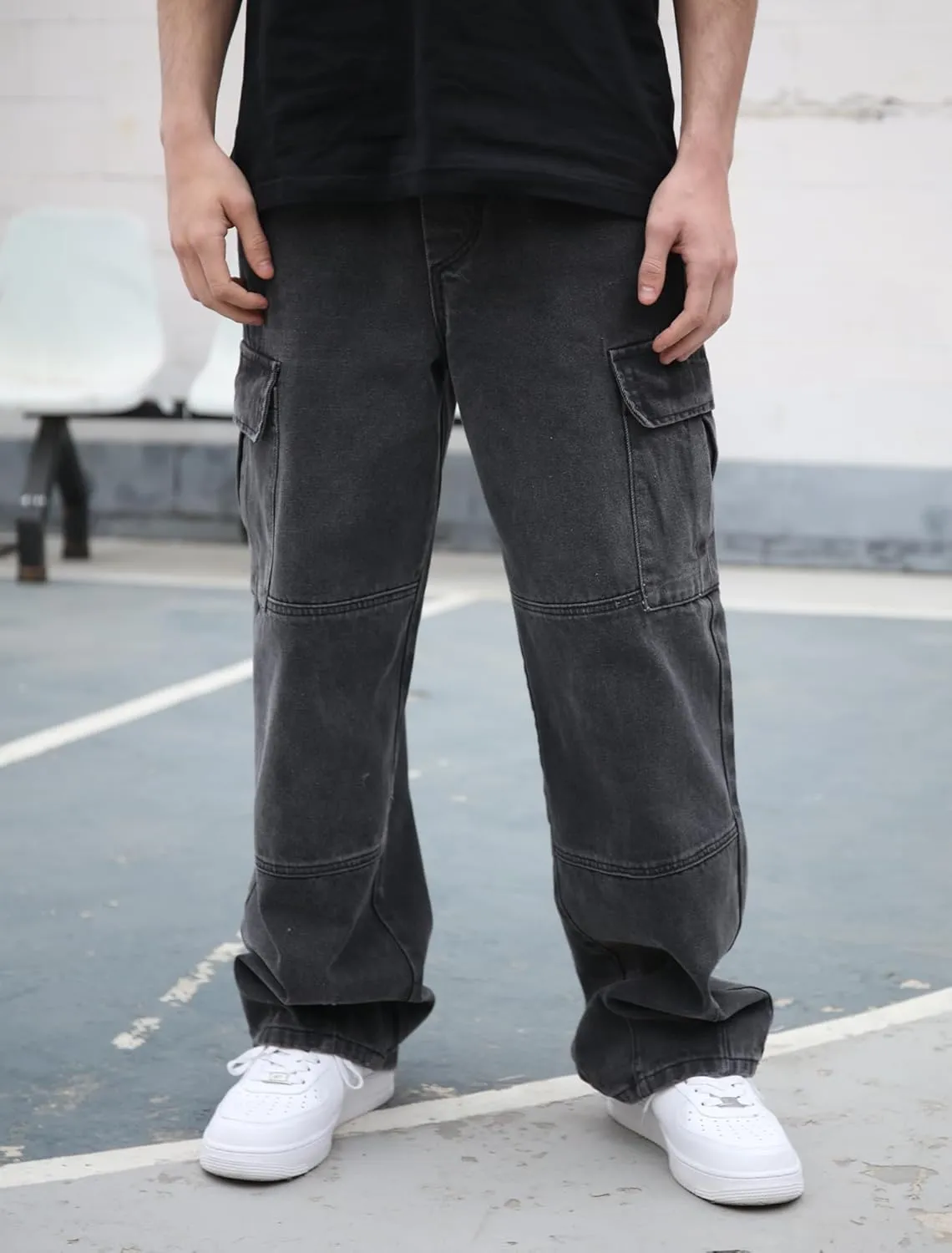 Mens Baggy Cargo Jeans Wide Leg Hip Hop Jeans Streetwear Loose Fit Denim Pants