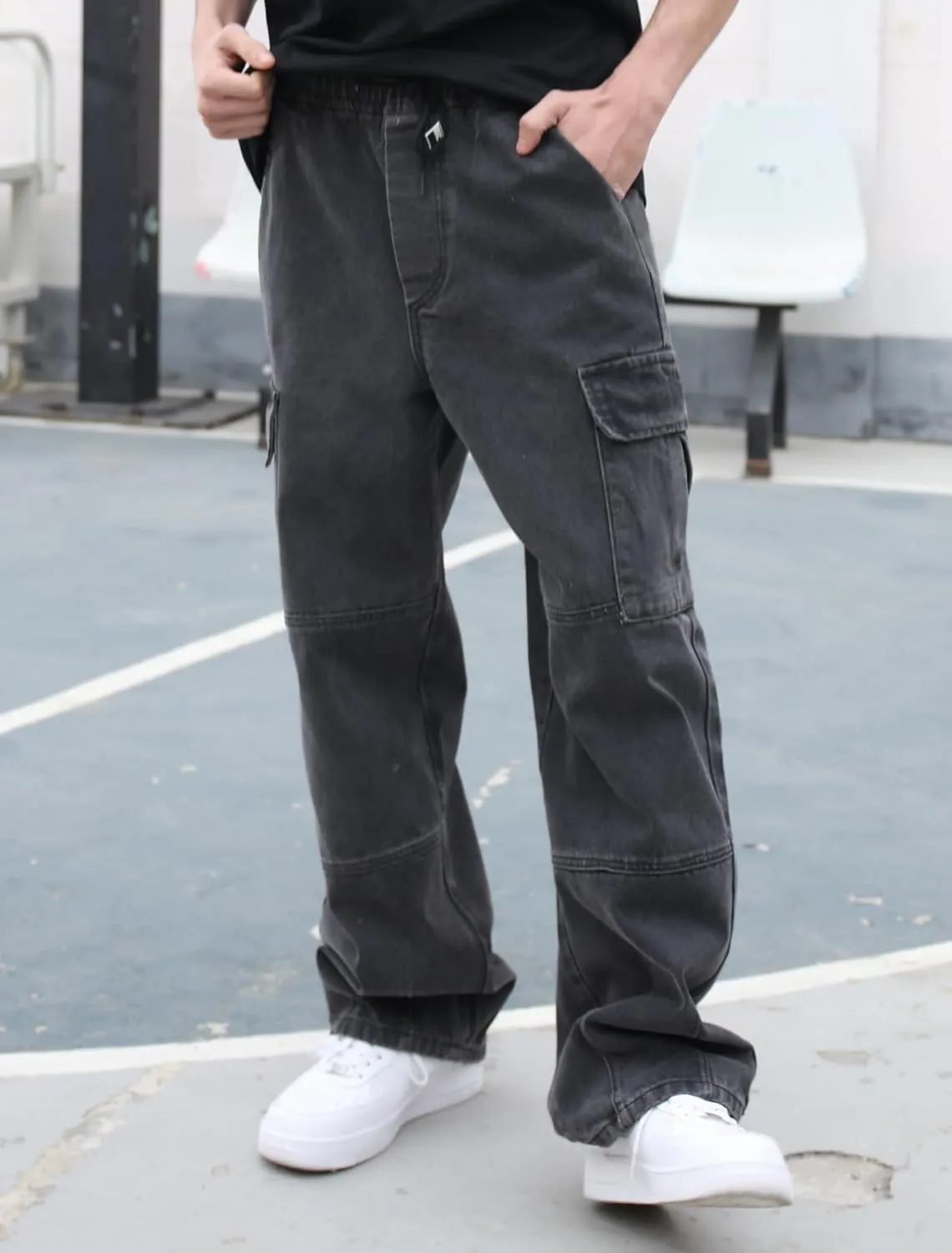Mens Baggy Cargo Jeans Wide Leg Hip Hop Jeans Streetwear Loose Fit Denim Pants