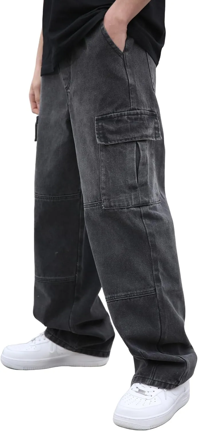 Mens Baggy Cargo Jeans Wide Leg Hip Hop Jeans Streetwear Loose Fit Denim Pants