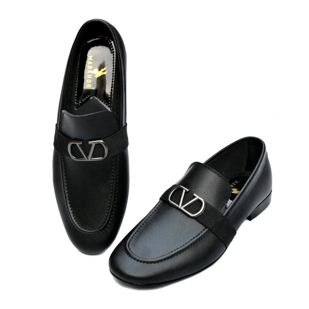 Men's Black Formal Slip-On Dress Shoes with Gold-Tone Accent MR325