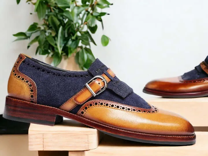 Men's Blue Brown Buckle Leather Shoes