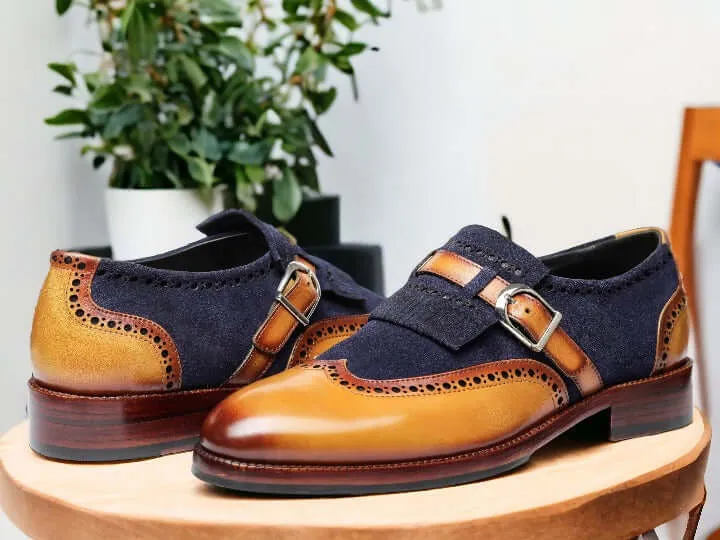 Men's Blue Brown Buckle Leather Shoes