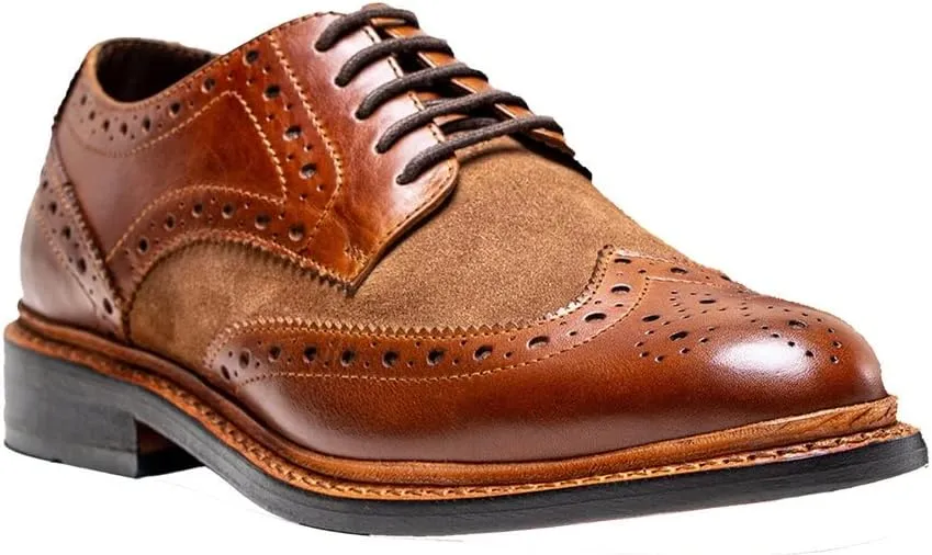 Mens Brogue Leather Tweed Mix Dress Shoes Wingtip Lace up Formal Wedding Footwear