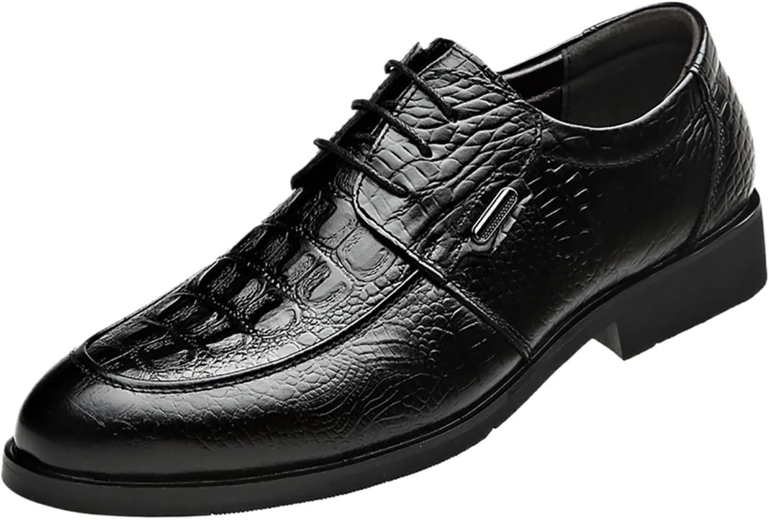 Men's Business Casual Shoes, Lace Up Crocodile Print Round Toe Leather Top Layer Cow Leather Resistant Non Slip Rubber Sole Business Shoes