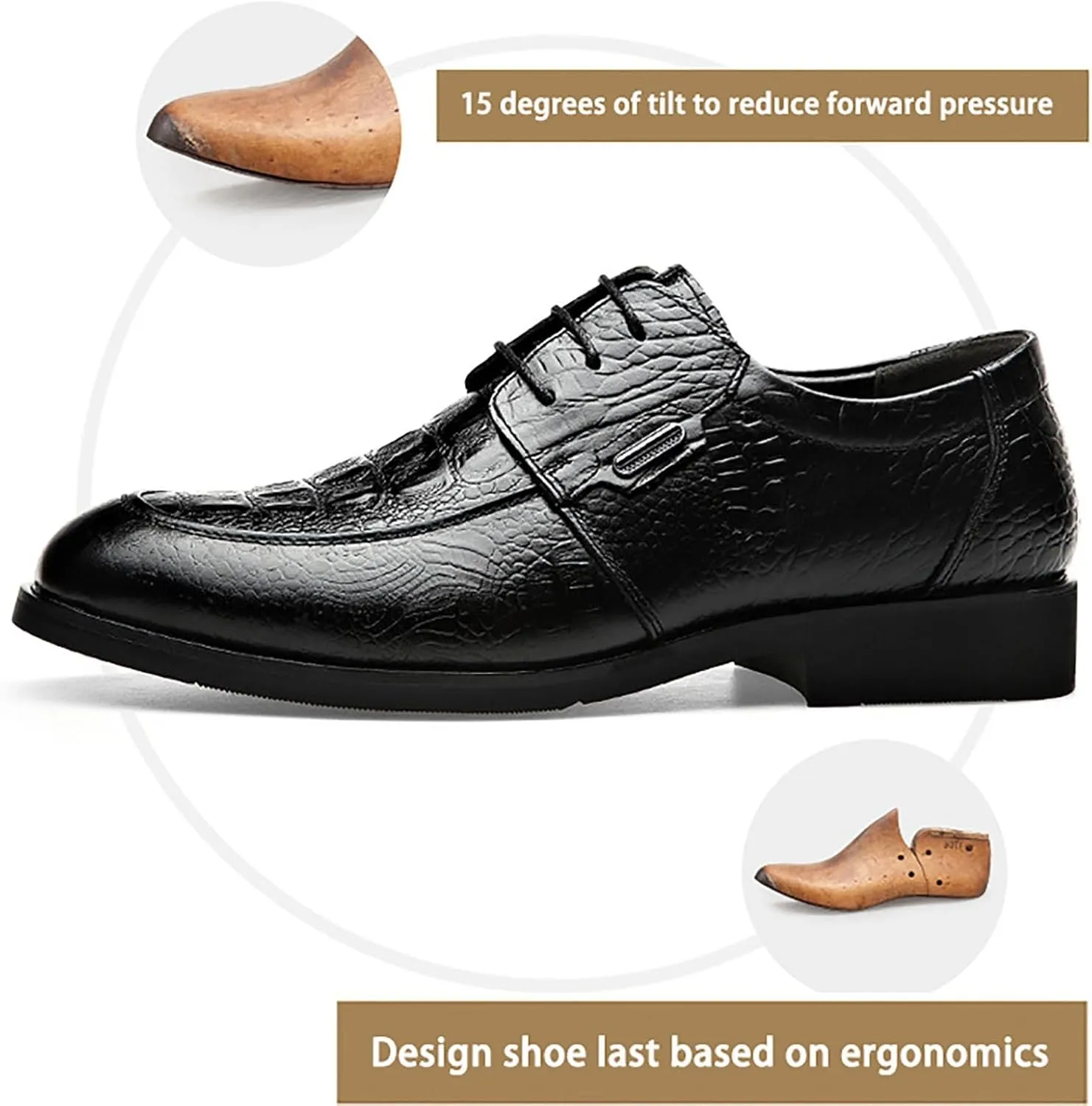 Men's Business Casual Shoes, Lace Up Crocodile Print Round Toe Leather Top Layer Cow Leather Resistant Non Slip Rubber Sole Business Shoes